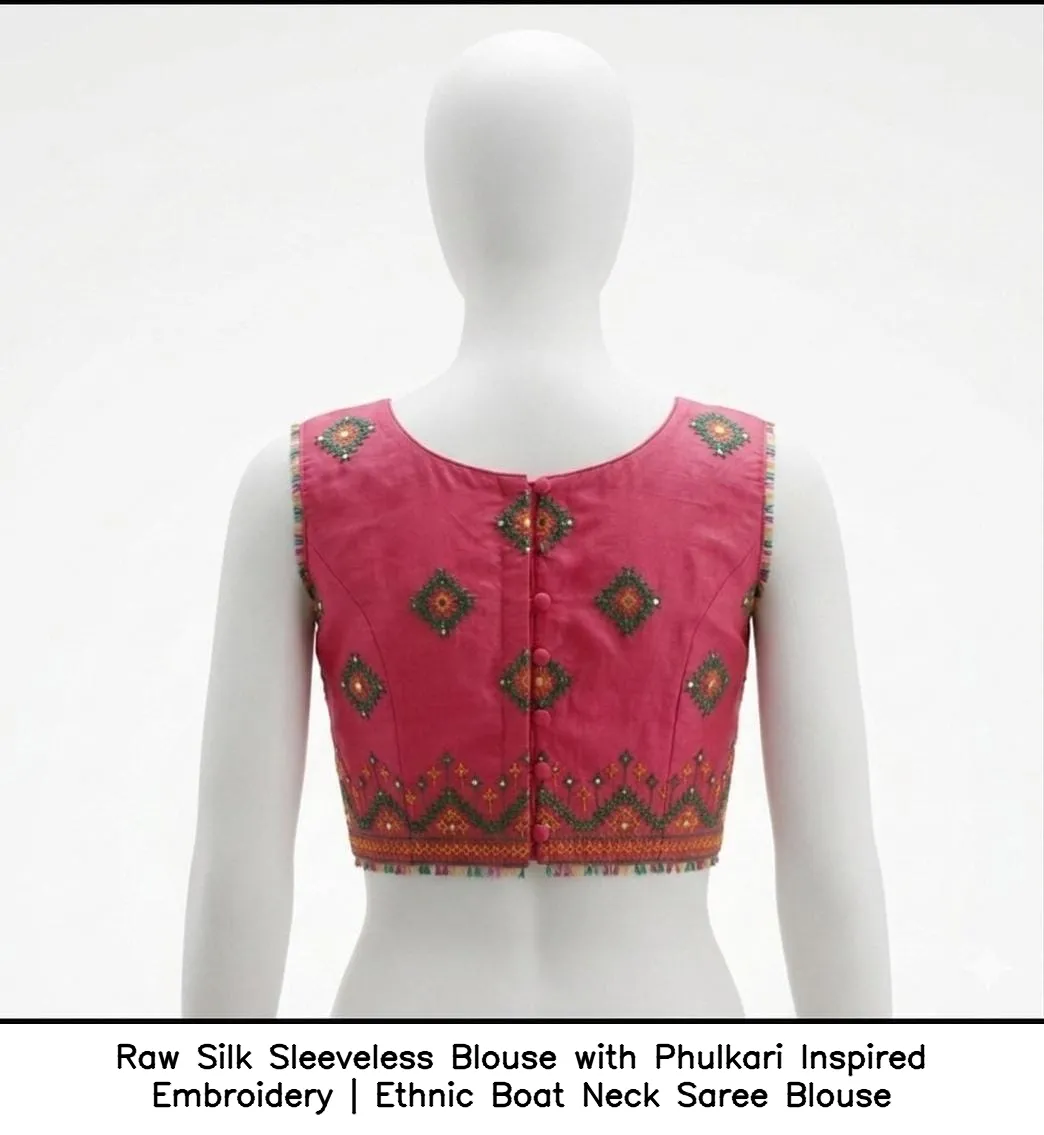Raw Silk Sleeveless Blouse with Phulkari Inspired Embroidery | Ethnic Boat Neck Saree Blouse