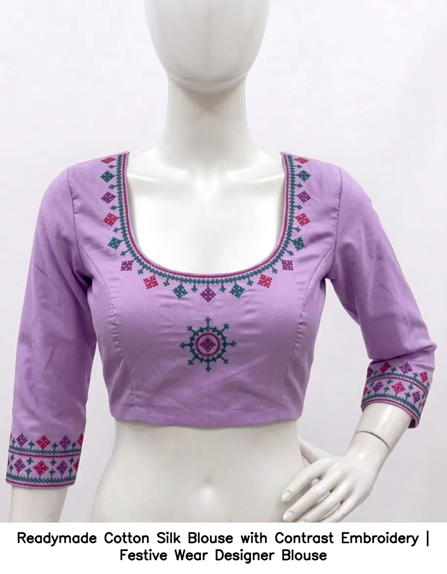 Readymade Cotton Silk Blouse with Contrast Embroidery | Festive Wear Designer Blouse