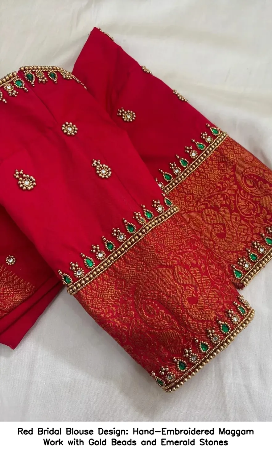 Red Bridal Blouse Design: Hand-Embroidered Maggam Work with Gold Beads and Emerald Stones