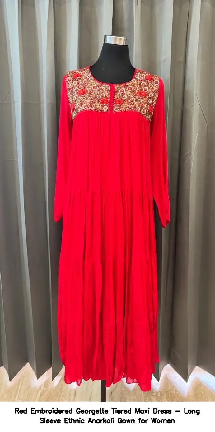 Red Embroidered Georgette Tiered Maxi Dress - Long Sleeve Ethnic Anarkali Gown for Women