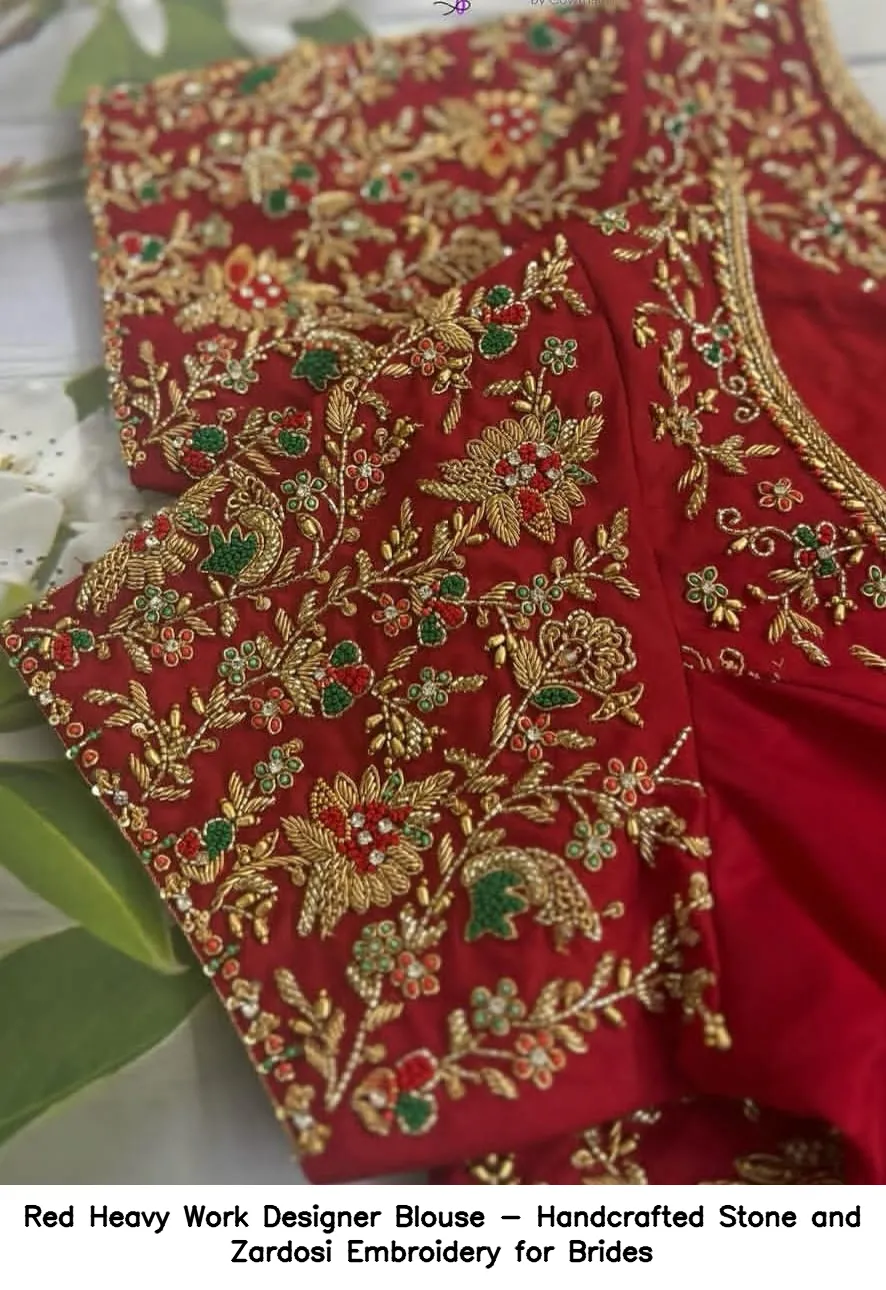 Red Heavy Work Designer Blouse - Handcrafted Stone and Zardosi Embroidery for Brides