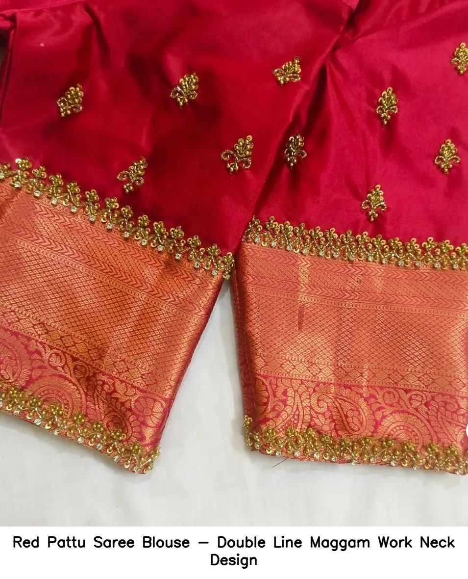 Red Pattu Saree Blouse - Double Line Maggam Work Neck Design