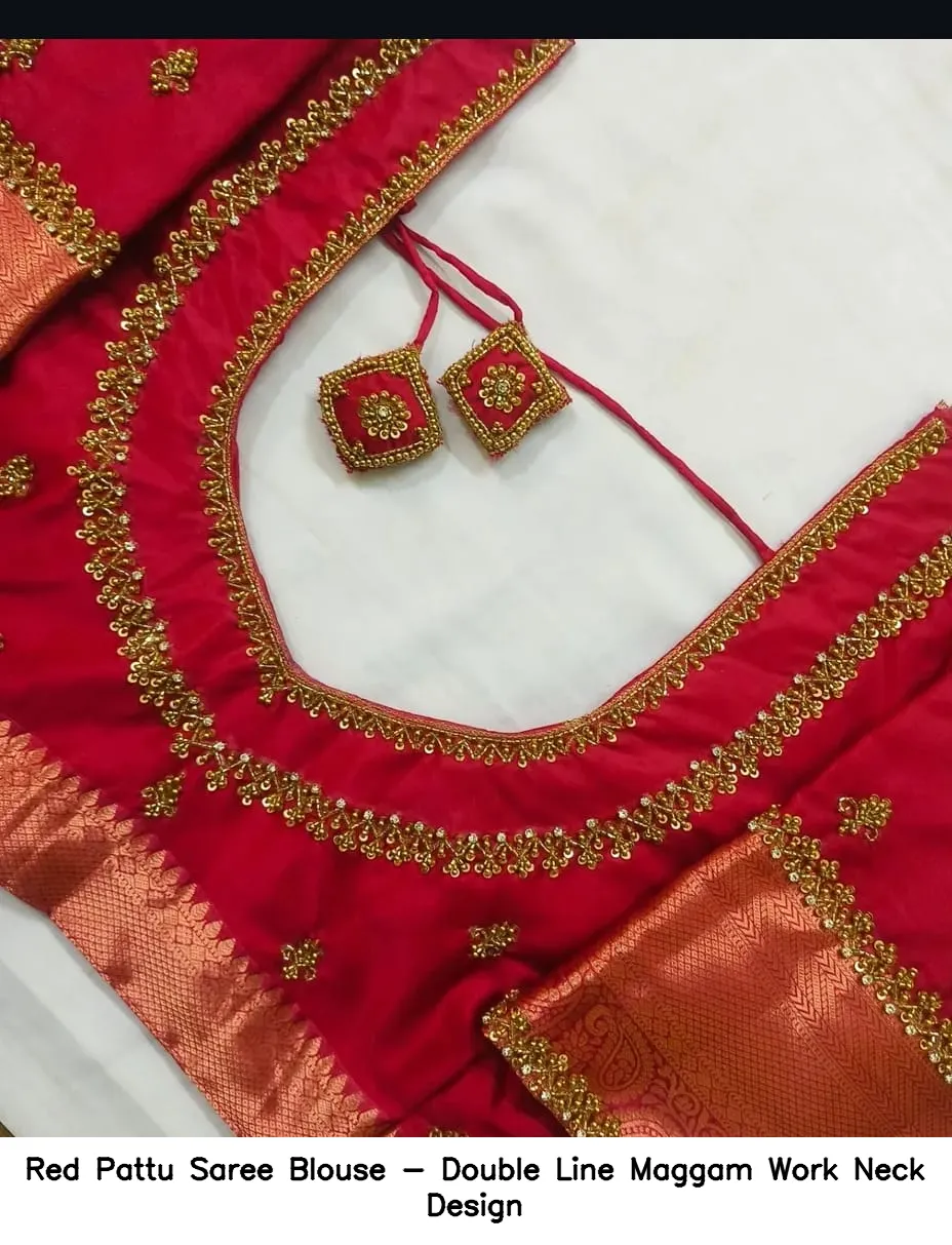 Red Pattu Saree Blouse - Double Line Maggam Work Neck Design - Image 2