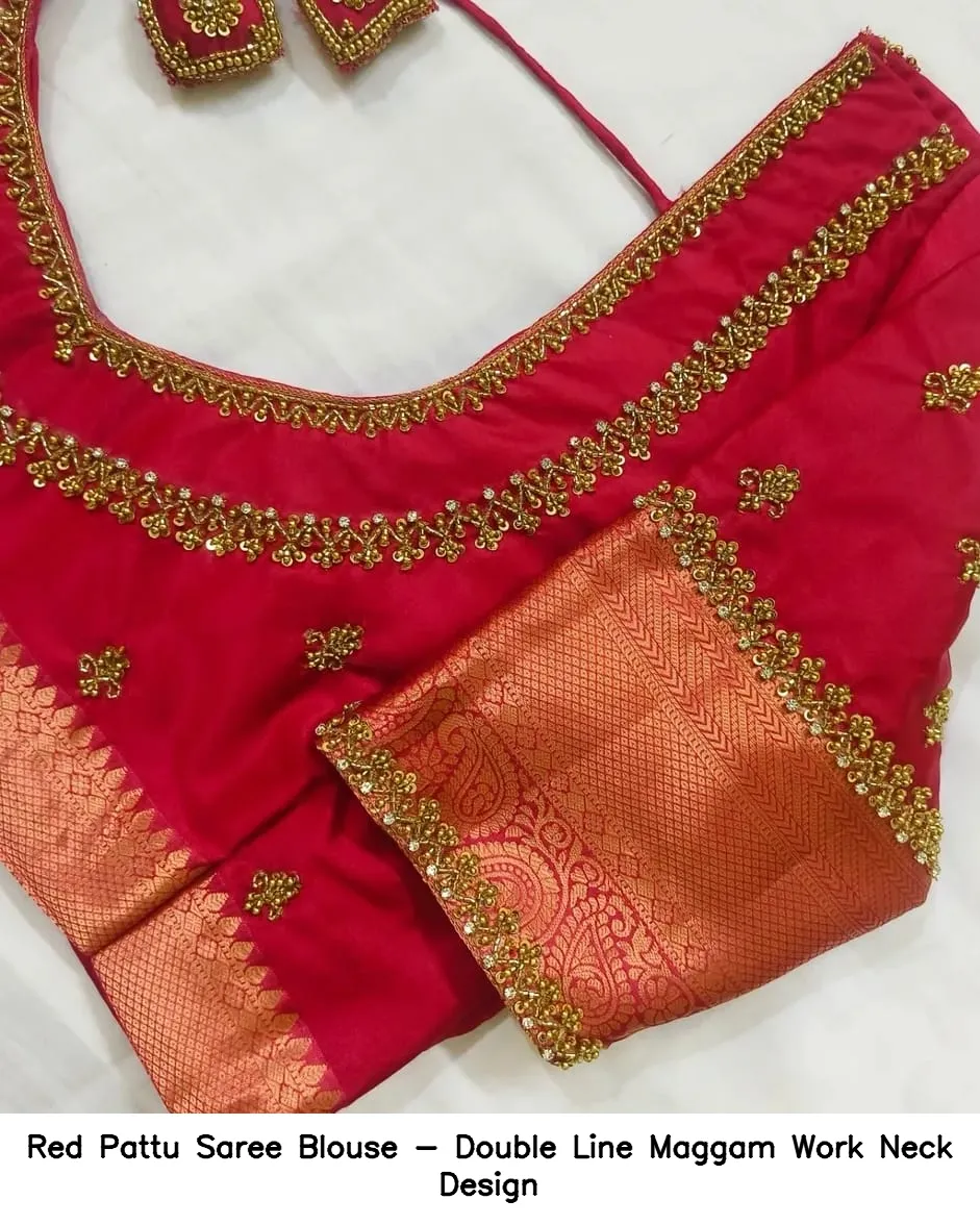 Red Pattu Saree Blouse - Double Line Maggam Work Neck Design - Image 3
