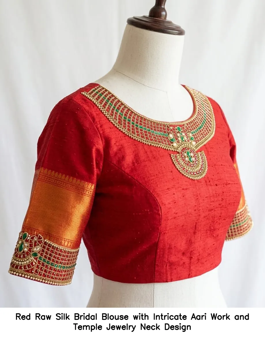Red Raw Silk Bridal Blouse with Intricate Aari Work and Temple Jewelry Neck Design