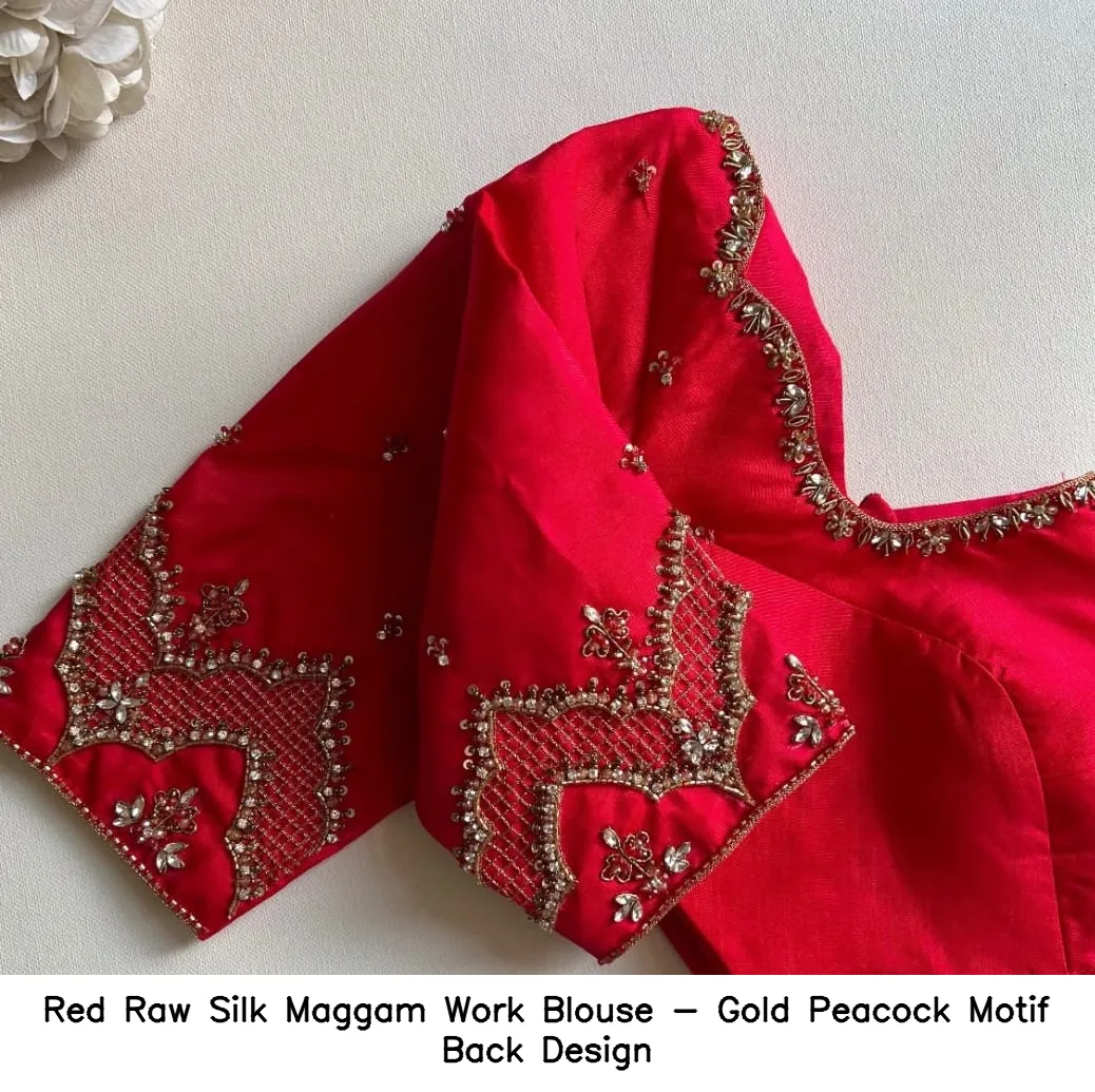 Red Raw Silk Maggam Work Blouse - Gold Peacock Motif Back Design