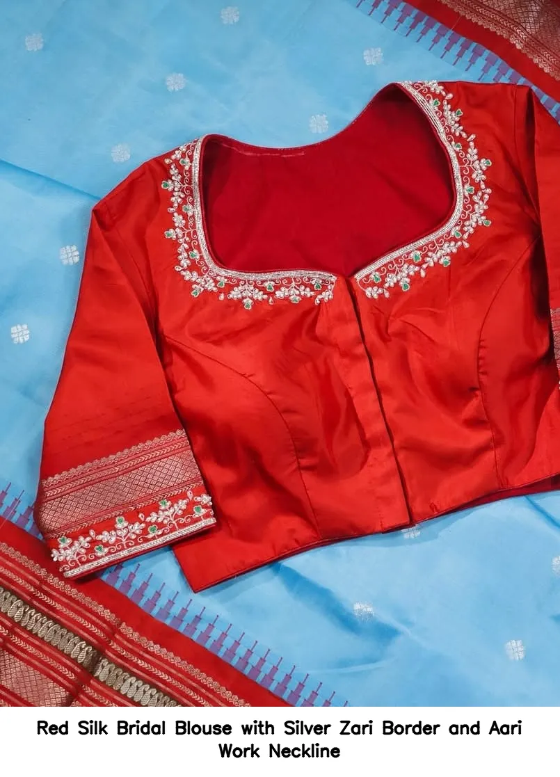 Red Silk Bridal Blouse with Silver Zari Border and Aari Work Neckline