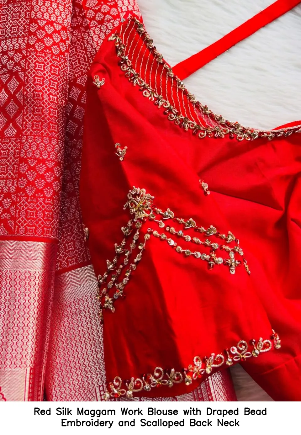 Red Silk Maggam Work Blouse with Draped Bead Embroidery and Scalloped Back Neck