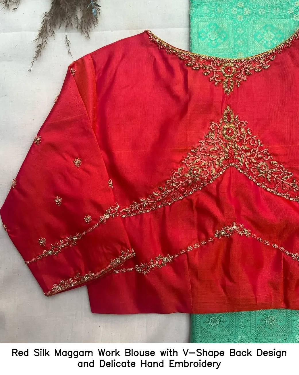 Red Silk Maggam Work Blouse with V-Shape Back Design and Delicate Hand Embroidery