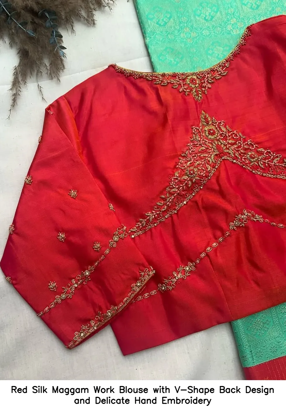Red Silk Maggam Work Blouse with V-Shape Back Design and Delicate Hand Embroidery - Image 2