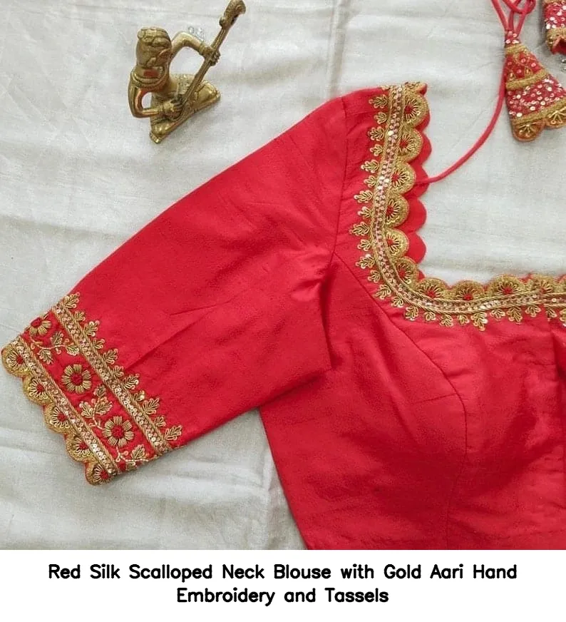 Red Silk Scalloped Neck Blouse with Gold Aari Hand Embroidery and Tassels