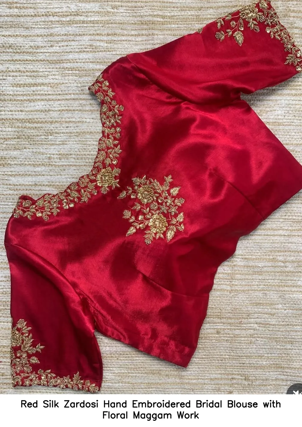 Red Silk Zardosi Hand Embroidered Bridal Blouse with Floral Maggam Work