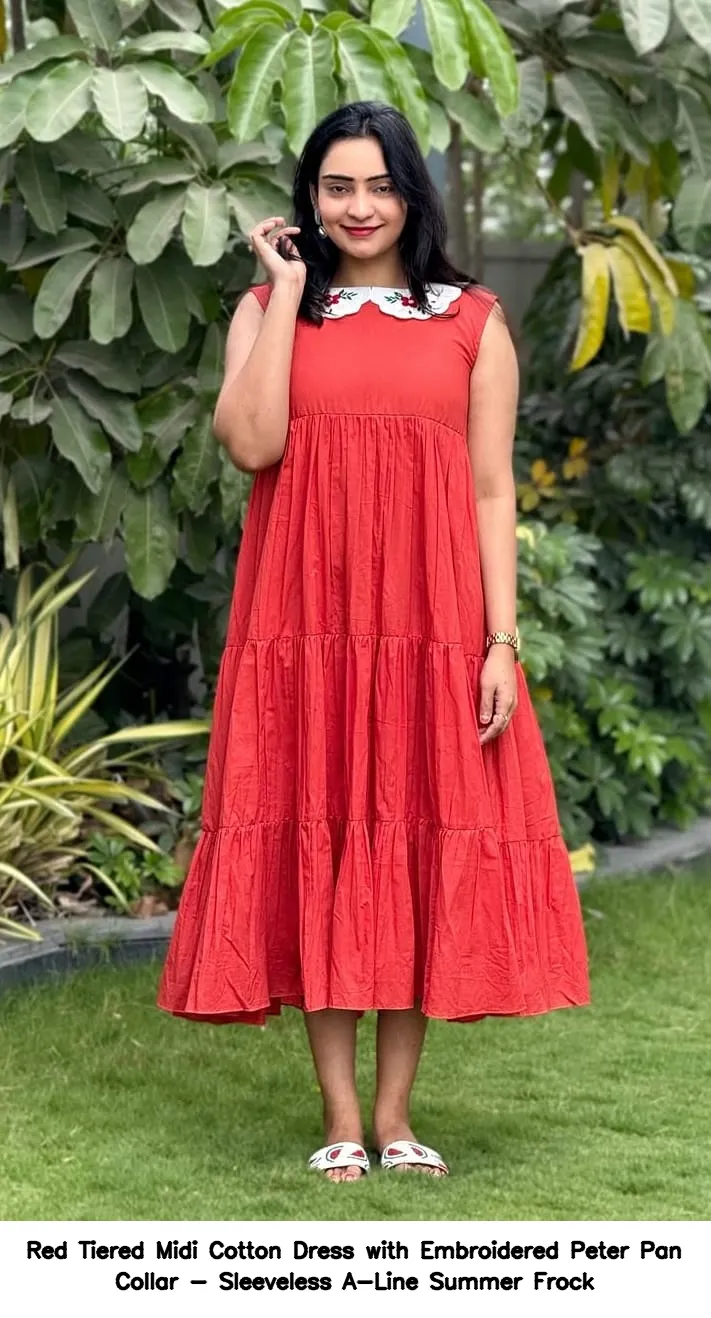 Red Tiered Midi Cotton Dress with Embroidered Peter Pan Collar - Sleeveless A-Line Summer Frock