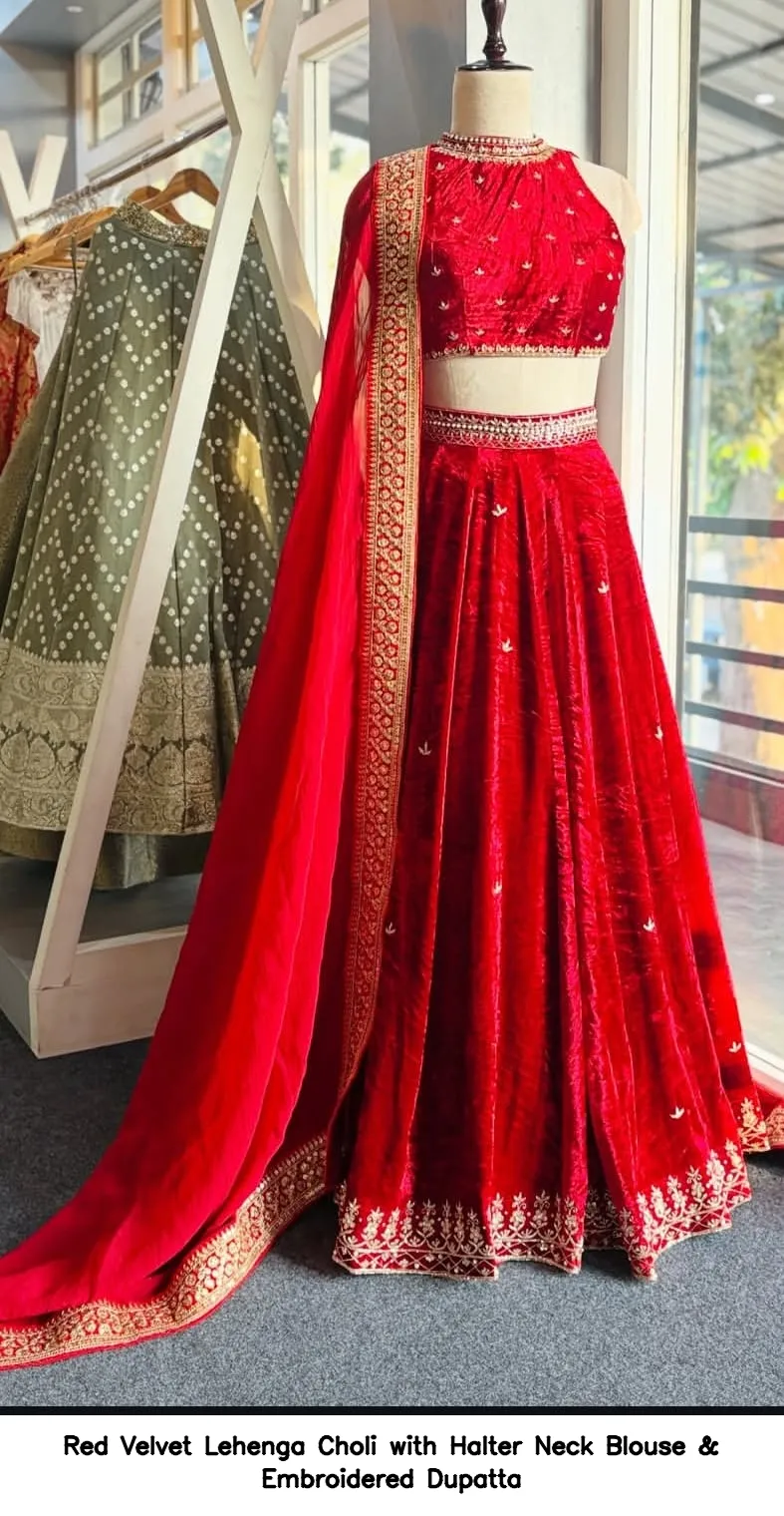 Red Velvet Lehenga Choli with Halter Neck Blouse & Embroidered Dupatta