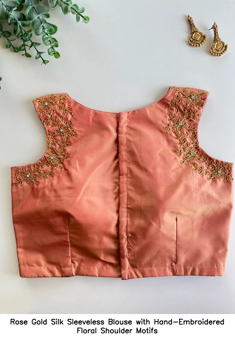 Rose Gold Silk Sleeveless Blouse with Hand-Embroidered Floral Shoulder Motifs