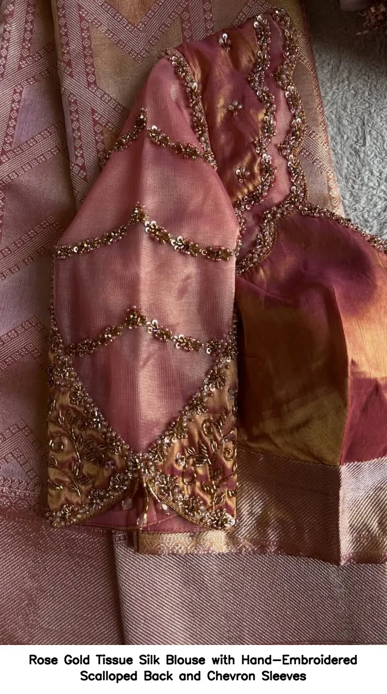 Rose Gold Tissue Silk Blouse with Hand-Embroidered Scalloped Back and Chevron Sleeves
