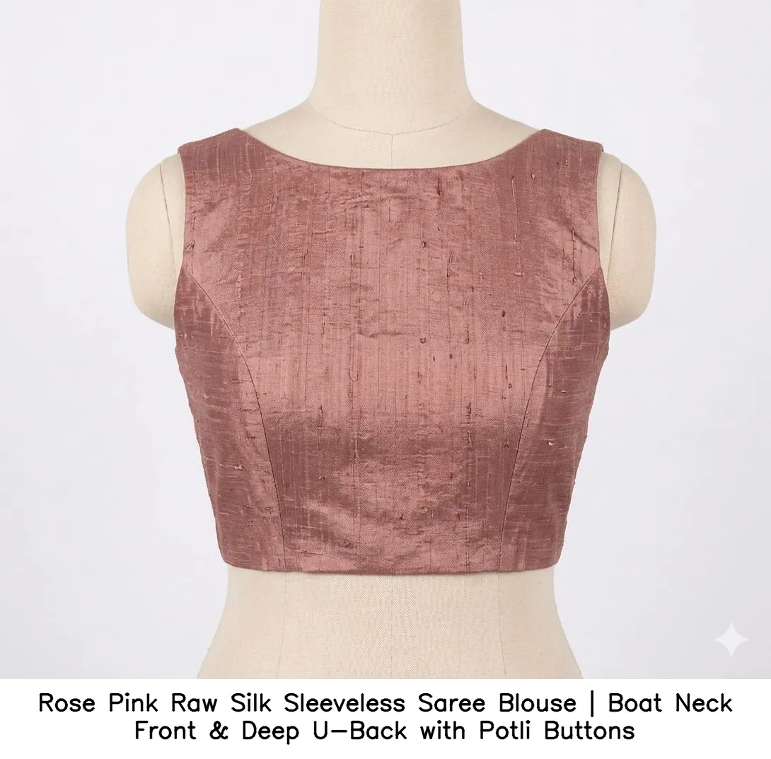 Rose Pink Raw Silk Sleeveless Saree Blouse | Boat Neck Front & Deep U-Back with Potli Buttons