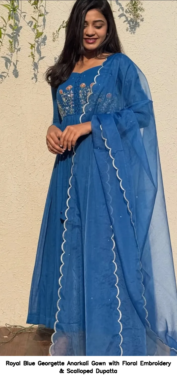 Royal Blue Georgette Anarkali Gown with Floral Embroidery & Scalloped Dupatta