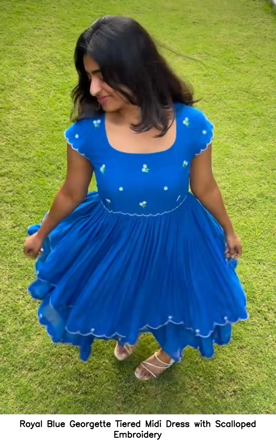 Royal Blue Georgette Tiered Midi Dress with Scalloped Embroidery