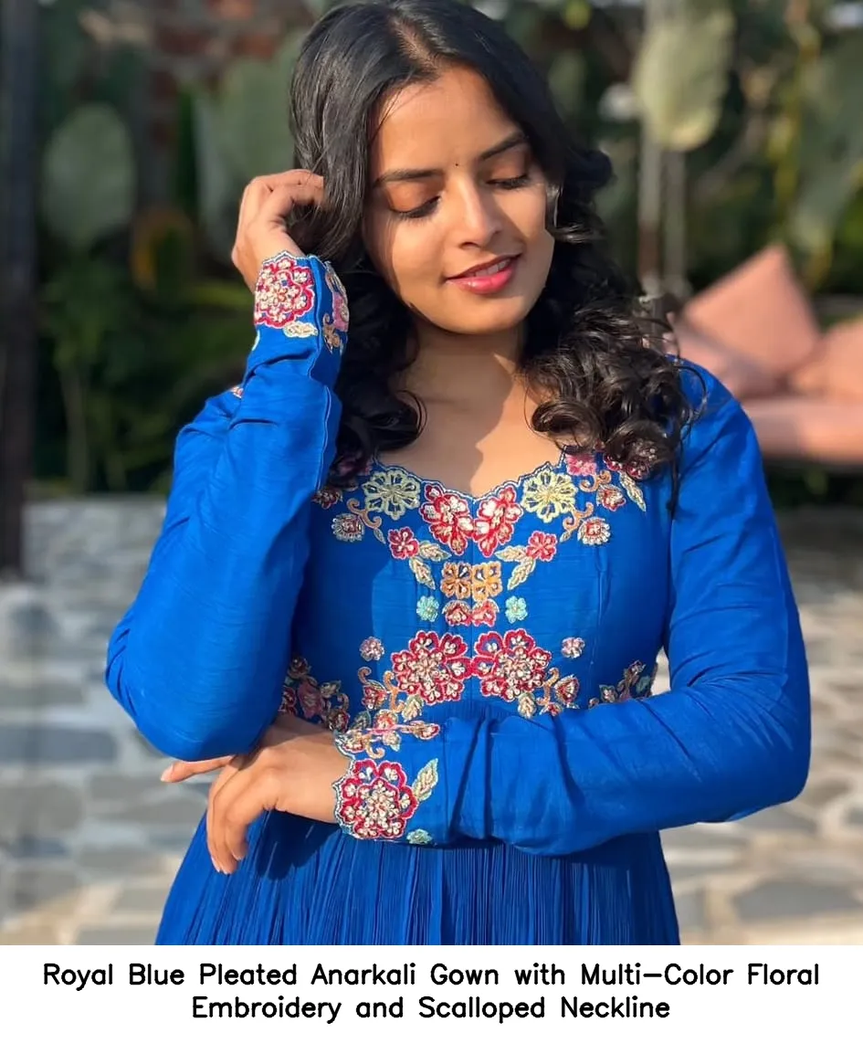 Royal Blue Pleated Anarkali Gown with Multi-Color Floral Embroidery and Scalloped Neckline - Xl