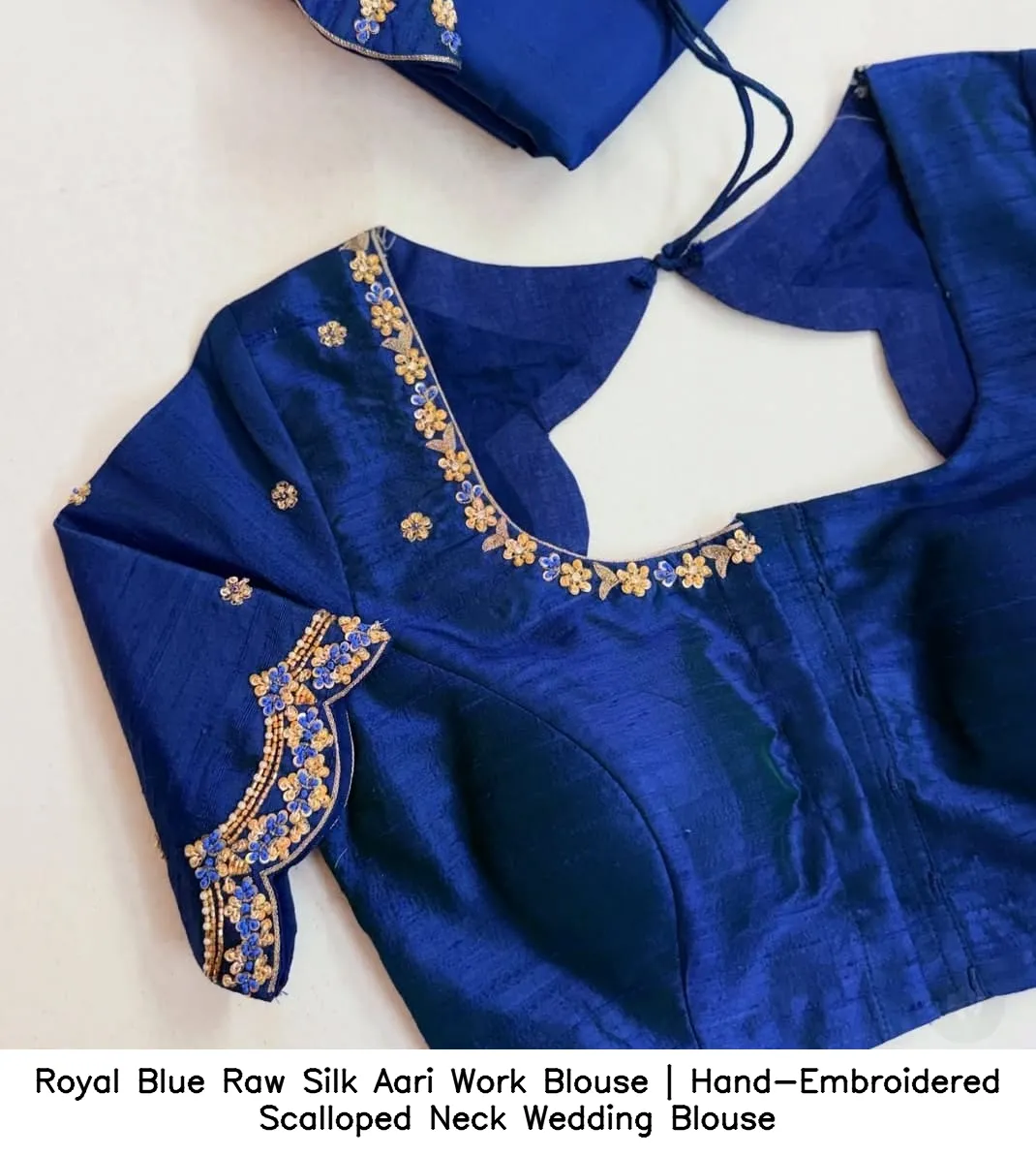 Royal Blue Raw Silk Aari Work Blouse | Hand-Embroidered Scalloped Neck Wedding Blouse