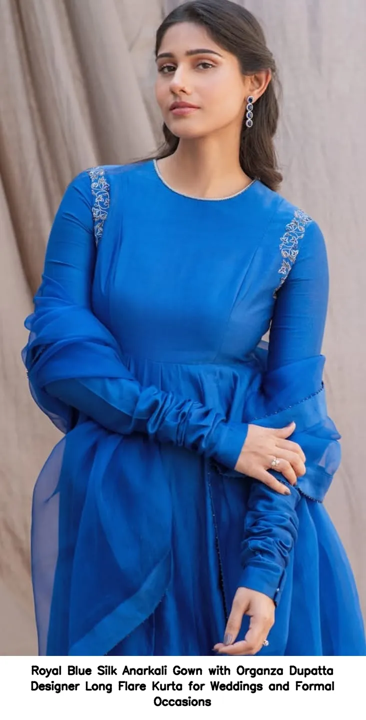 Royal Blue Silk Anarkali Gown with Organza Dupatta – Designer Long Flare Kurta for Weddings and Formal Occasions