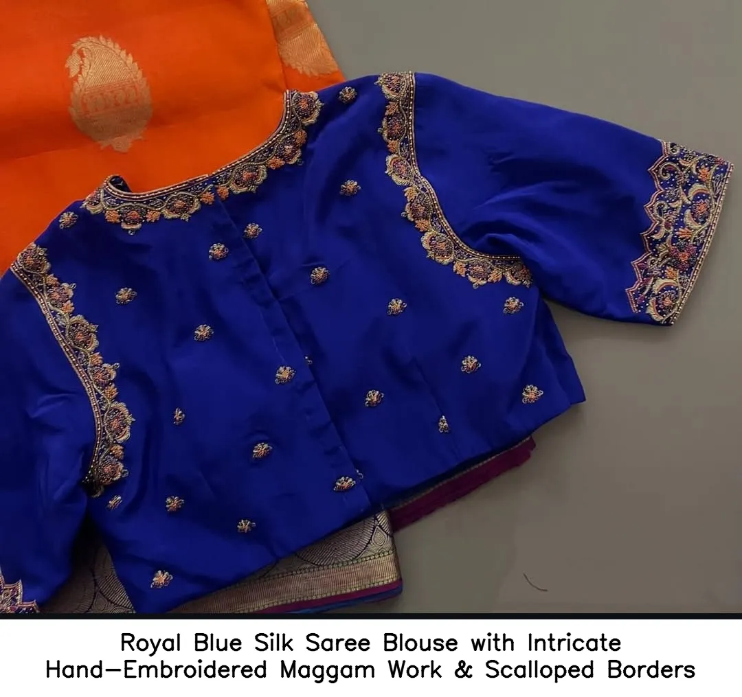 Royal Blue Silk Saree Blouse with Intricate Hand-Embroidered Maggam Work & Scalloped Borders