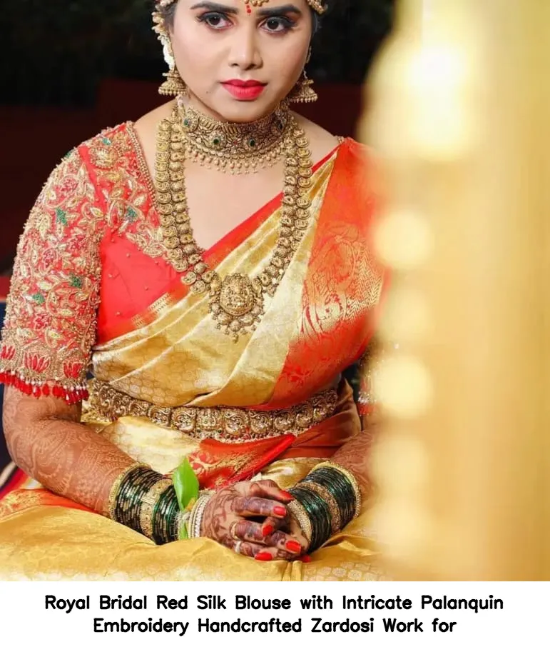 Royal Bridal Red Silk Blouse with Intricate Palanquin Embroidery – Handcrafted Zardosi Work for