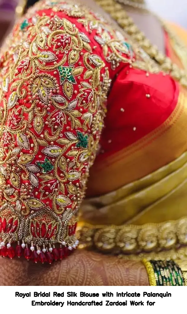 Royal Bridal Red Silk Blouse with Intricate Palanquin Embroidery – Handcrafted Zardosi Work for - Image 2