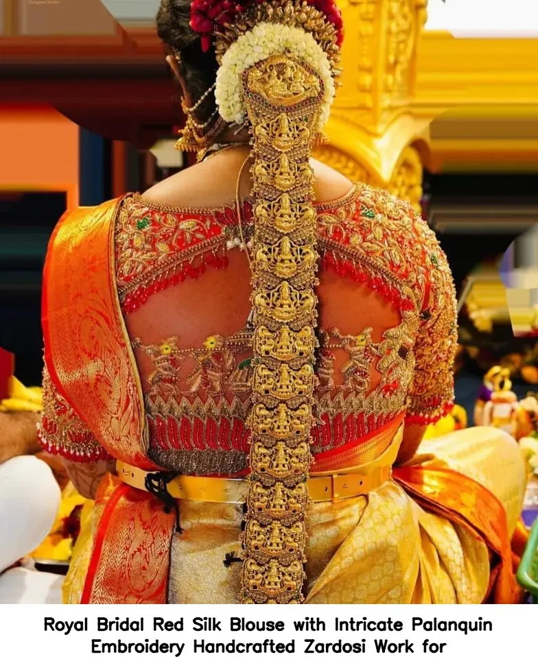 Royal Bridal Red Silk Blouse with Intricate Palanquin Embroidery – Handcrafted Zardosi Work for - Image 3