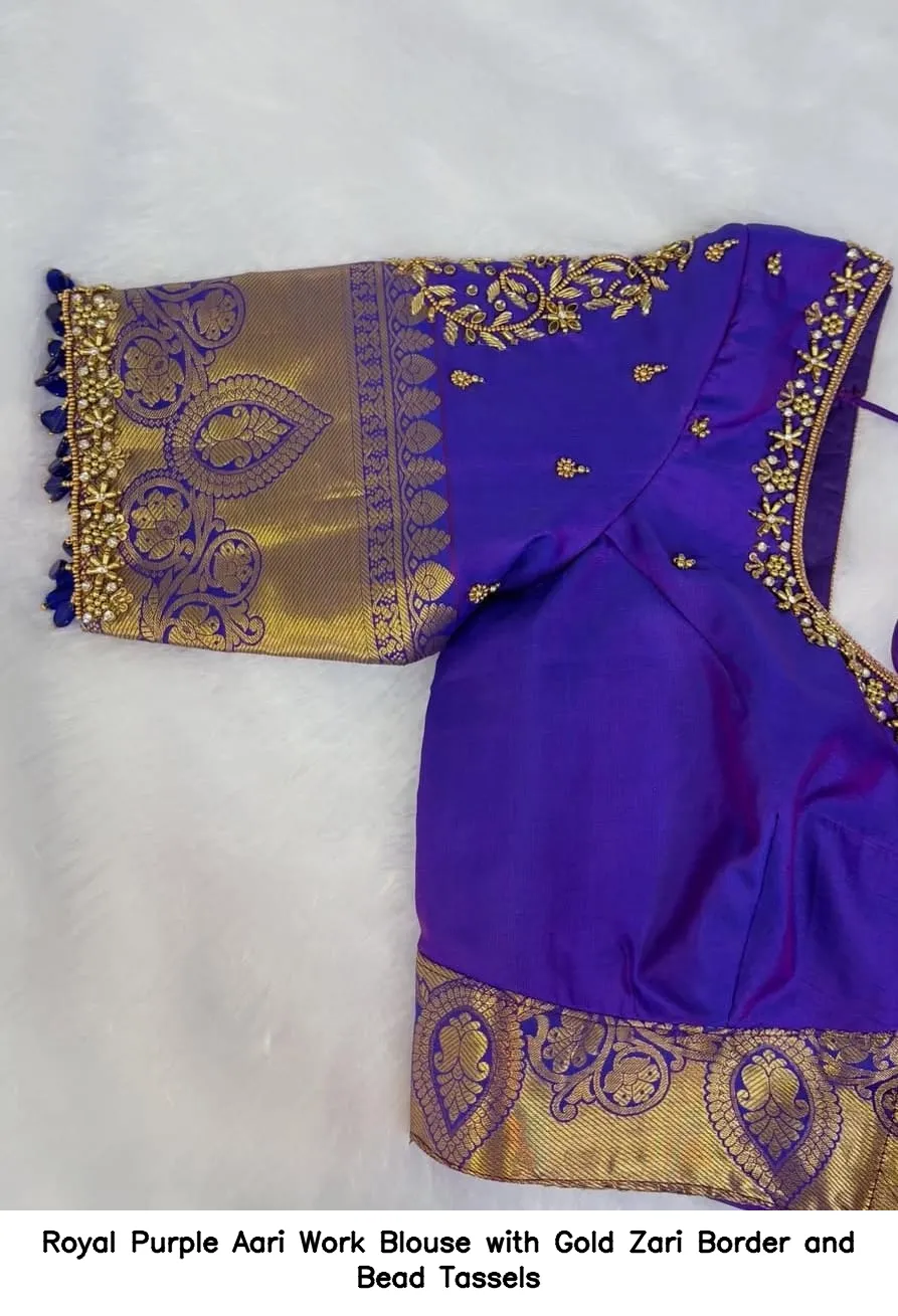 Royal Purple Aari Work Blouse with Gold Zari Border and Bead Tassels