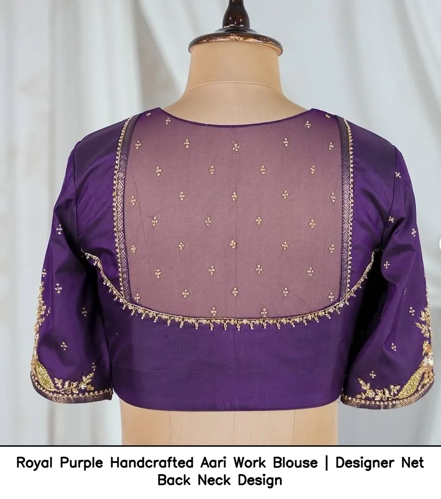 Royal Purple Handcrafted Aari Work Blouse | Designer Net Back Neck Design