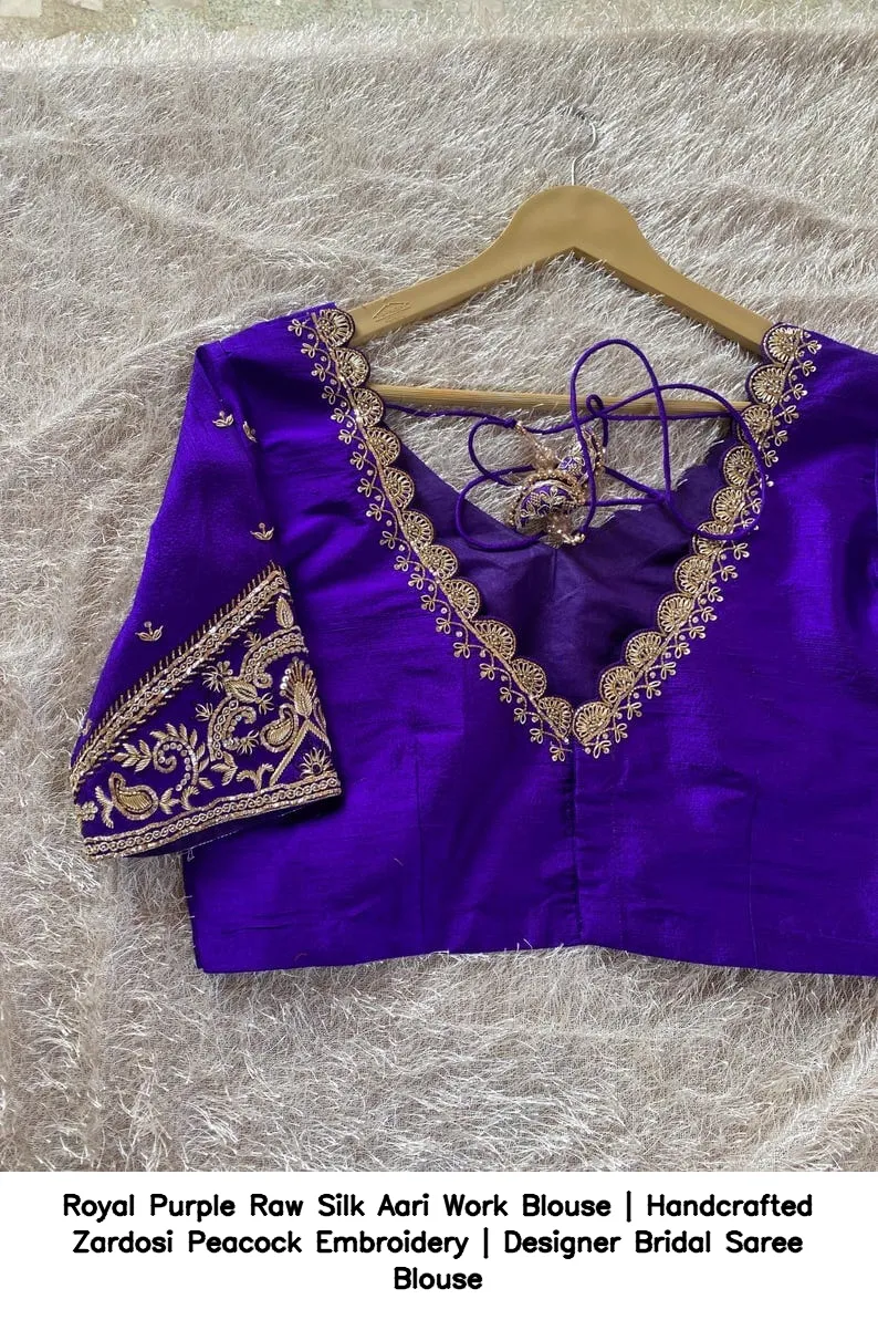 Royal Purple Raw Silk Aari Work Blouse | Handcrafted Zardosi Peacock Embroidery | Designer Bridal Saree Blouse
