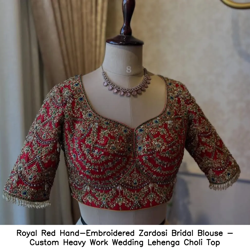 Royal Red Hand-Embroidered Zardosi Bridal Blouse - Custom Heavy Work Wedding Lehenga Choli Top
