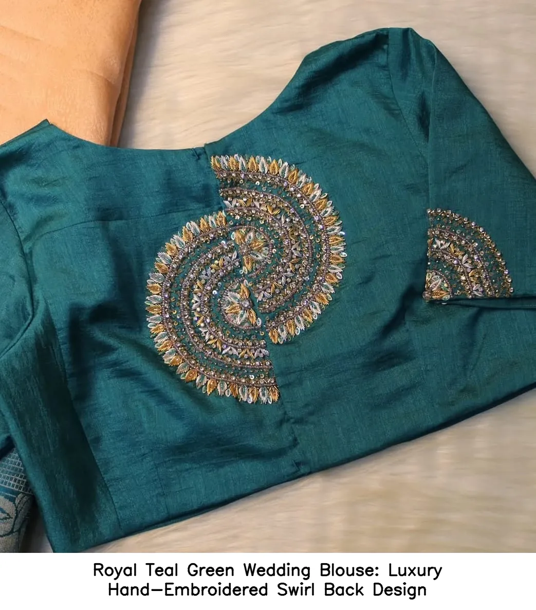 Royal Teal Green Wedding Blouse: Luxury Hand-Embroidered Swirl Back Design