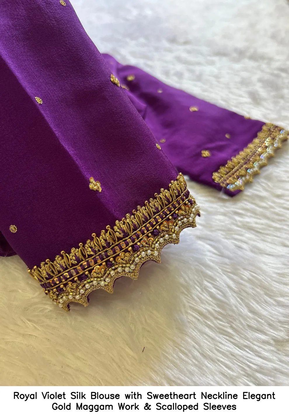 Royal Violet Silk Blouse with Sweetheart Neckline – Elegant Gold Maggam Work & Scalloped Sleeves