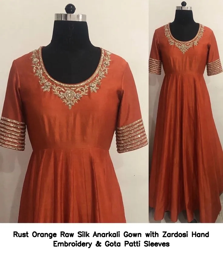 Rust Orange Raw Silk Anarkali Gown with Zardosi Hand Embroidery & Gota Patti Sleeves