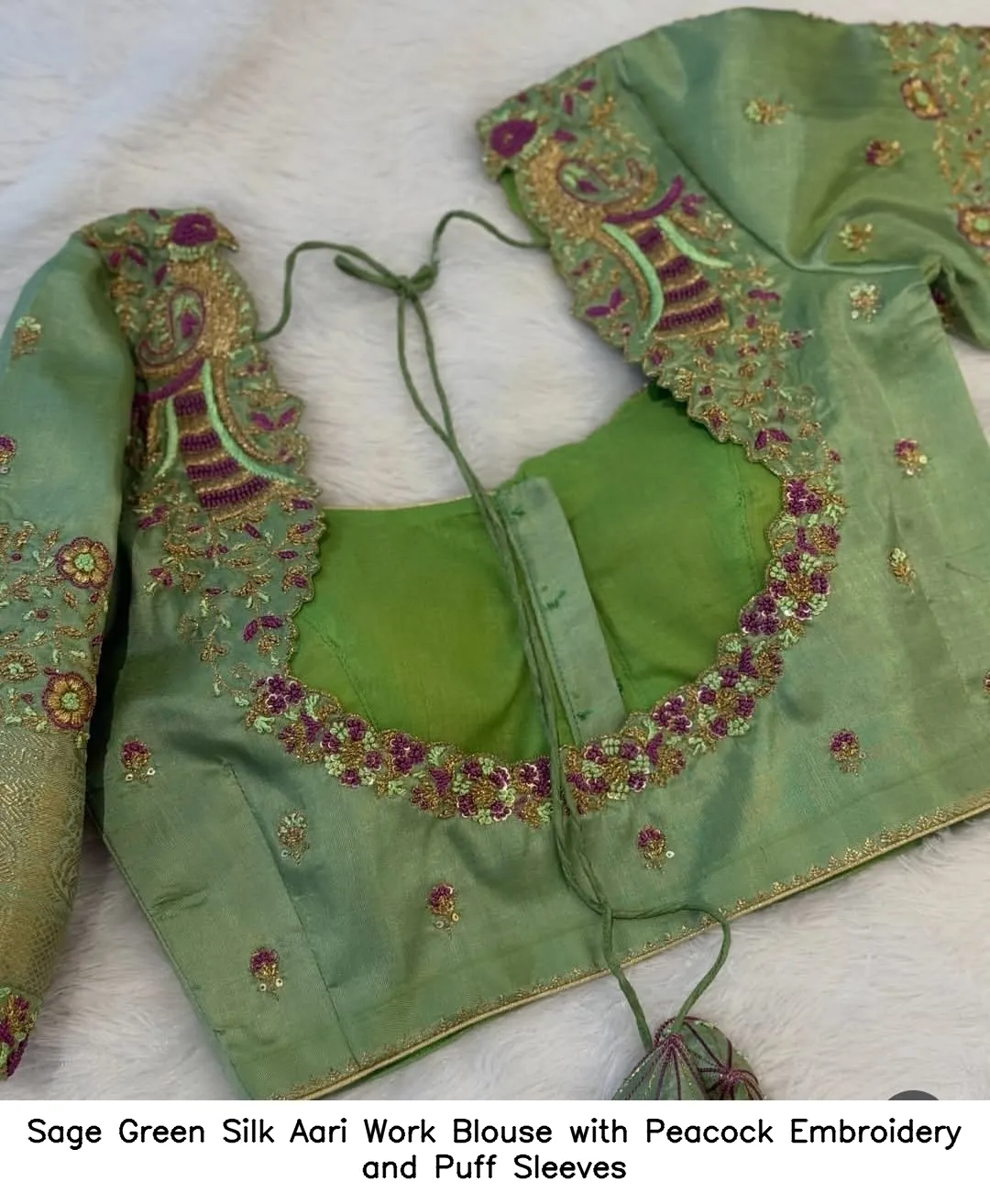 Sage Green Silk Aari Work Blouse with Peacock Embroidery and Puff Sleeves