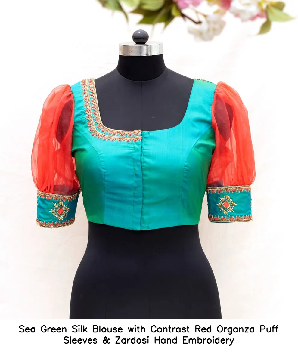 Sea Green Silk Blouse with Contrast Red Organza Puff Sleeves & Zardosi Hand Embroidery