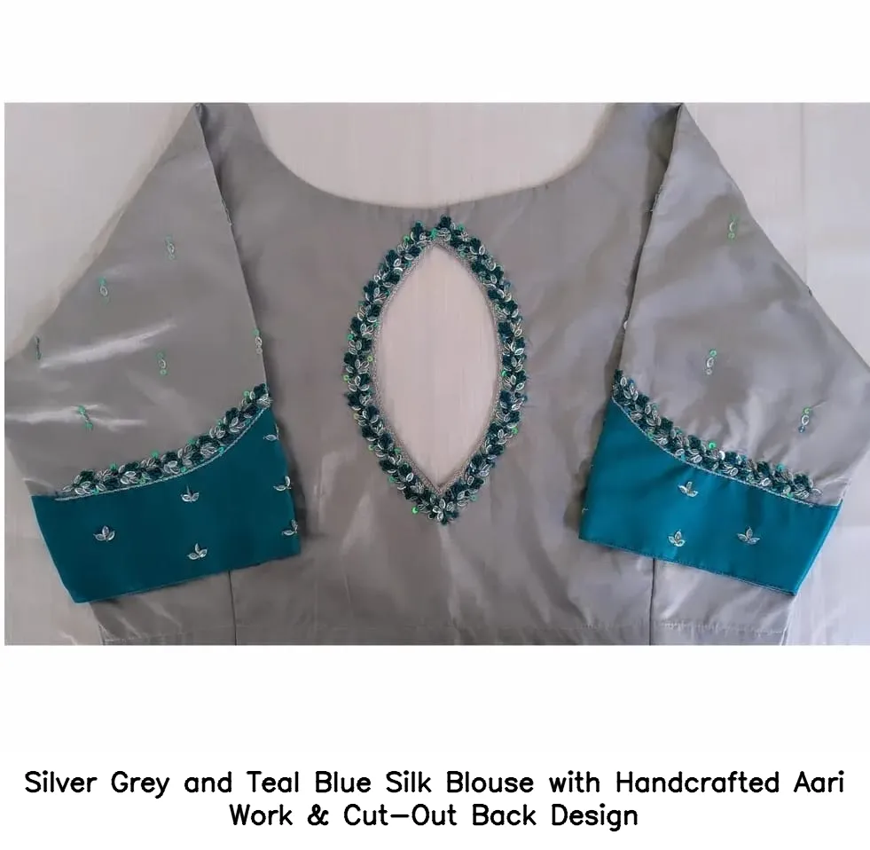 Silver Grey and Teal Blue Silk Blouse with Handcrafted Aari Work & Cut-Out Back Design