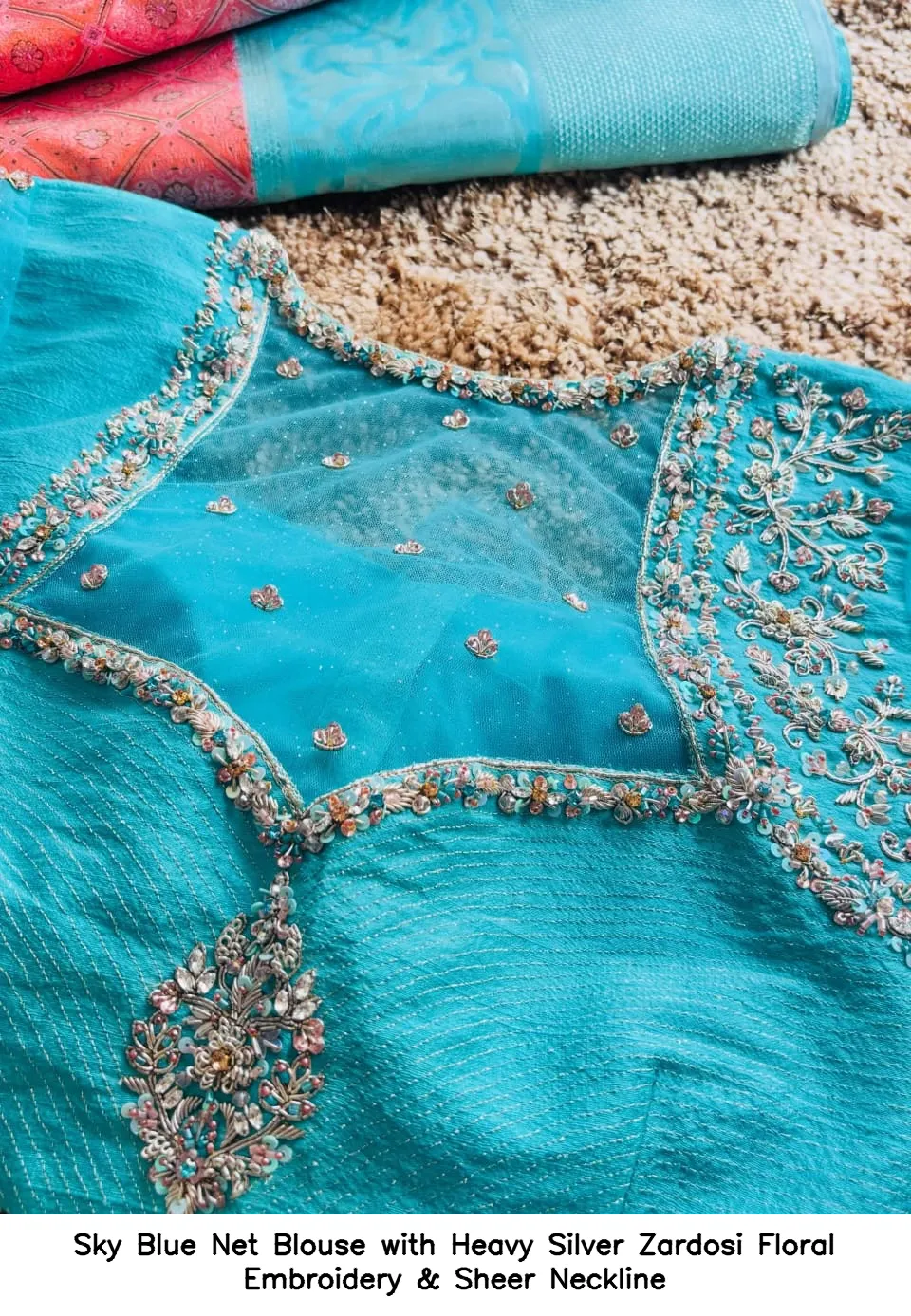 Sky Blue Net Blouse with Heavy Silver Zardosi Floral Embroidery & Sheer Neckline