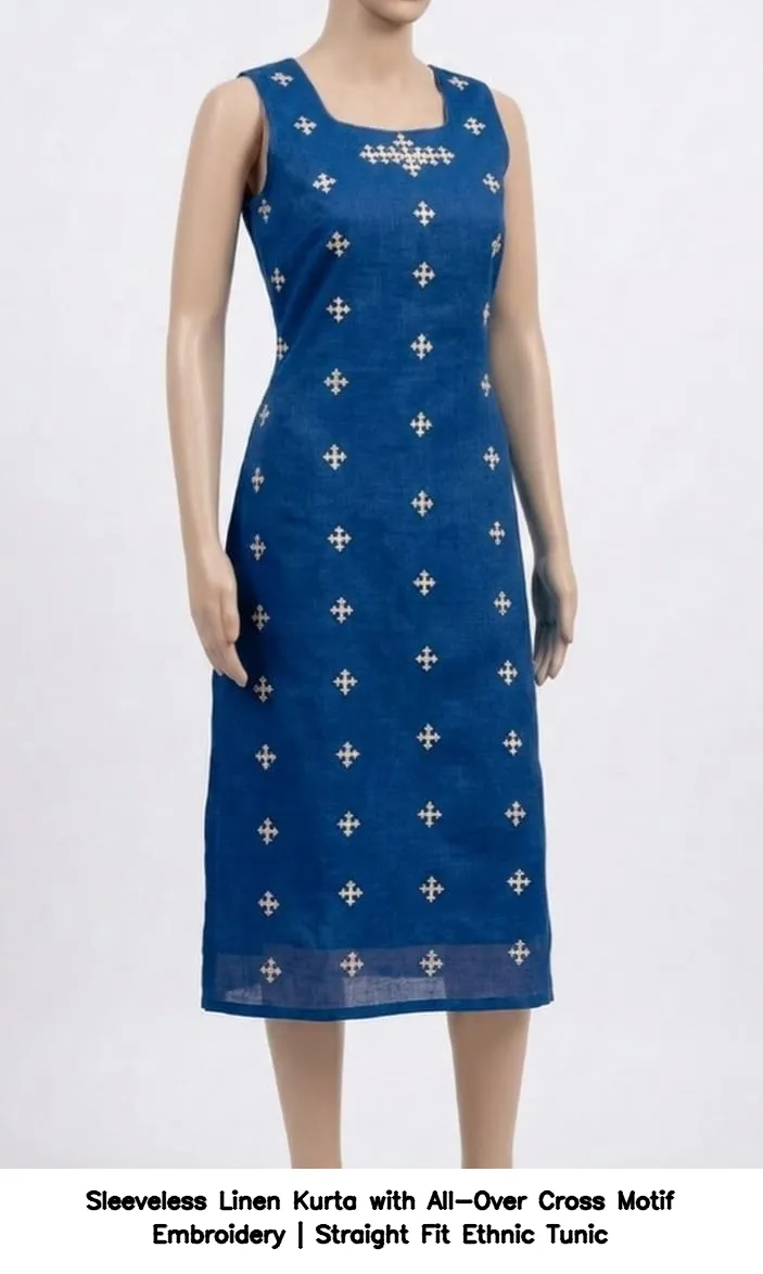 Sleeveless Linen Kurta with All-Over Cross Motif Embroidery | Straight Fit Ethnic Tunic