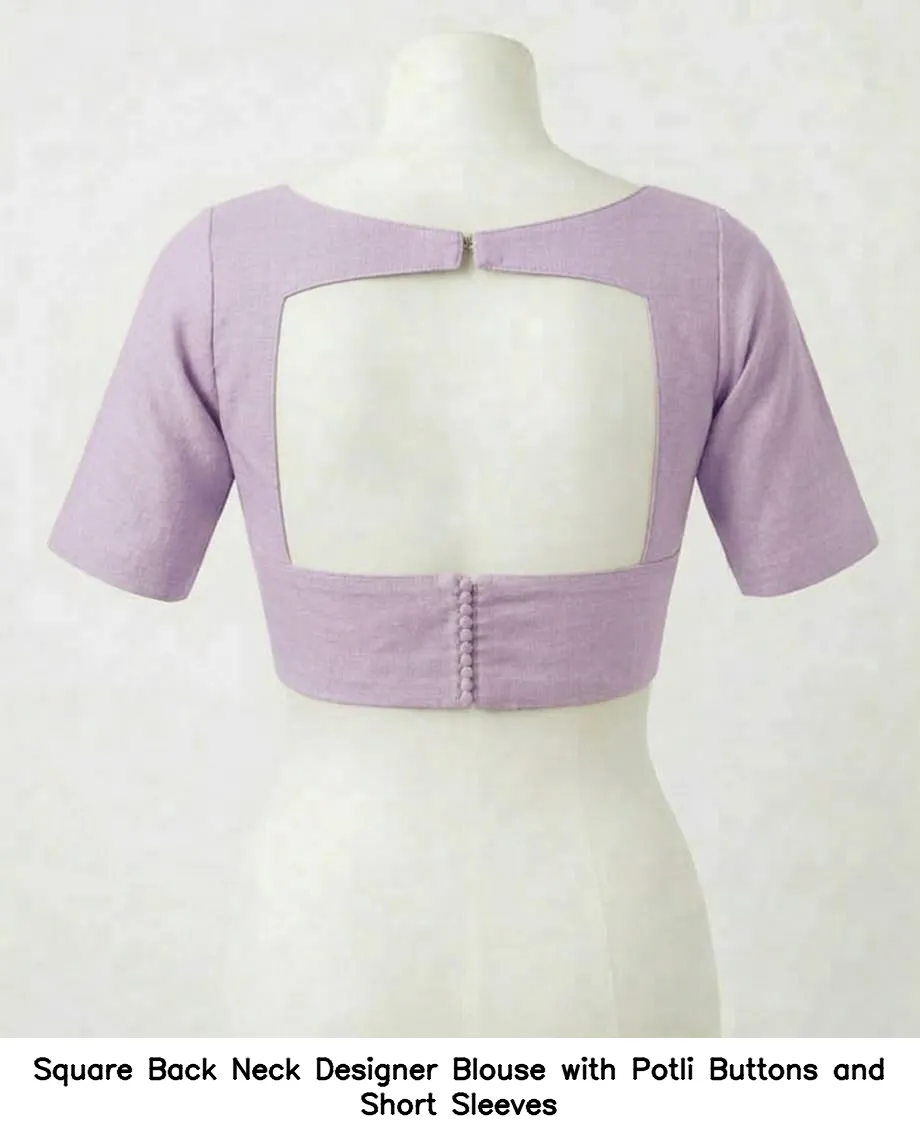 Square Back Neck Designer Blouse with Potli Buttons and Short Sleeves