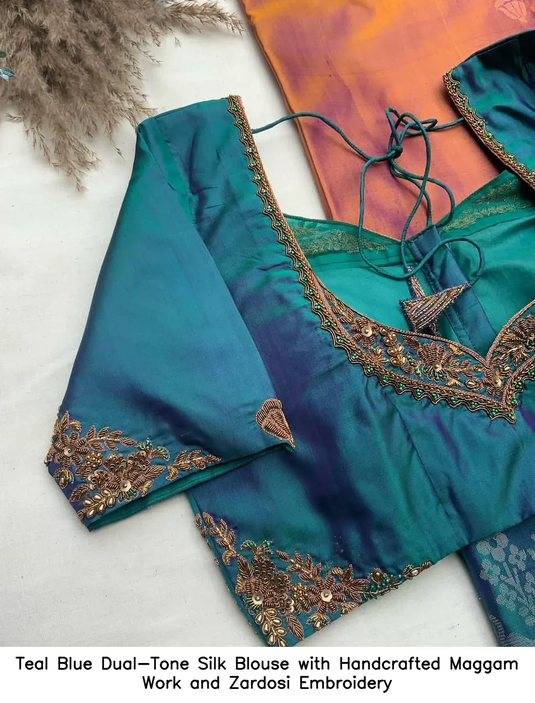 Teal Blue Dual-Tone Silk Blouse with Handcrafted Maggam Work and Zardosi Embroidery