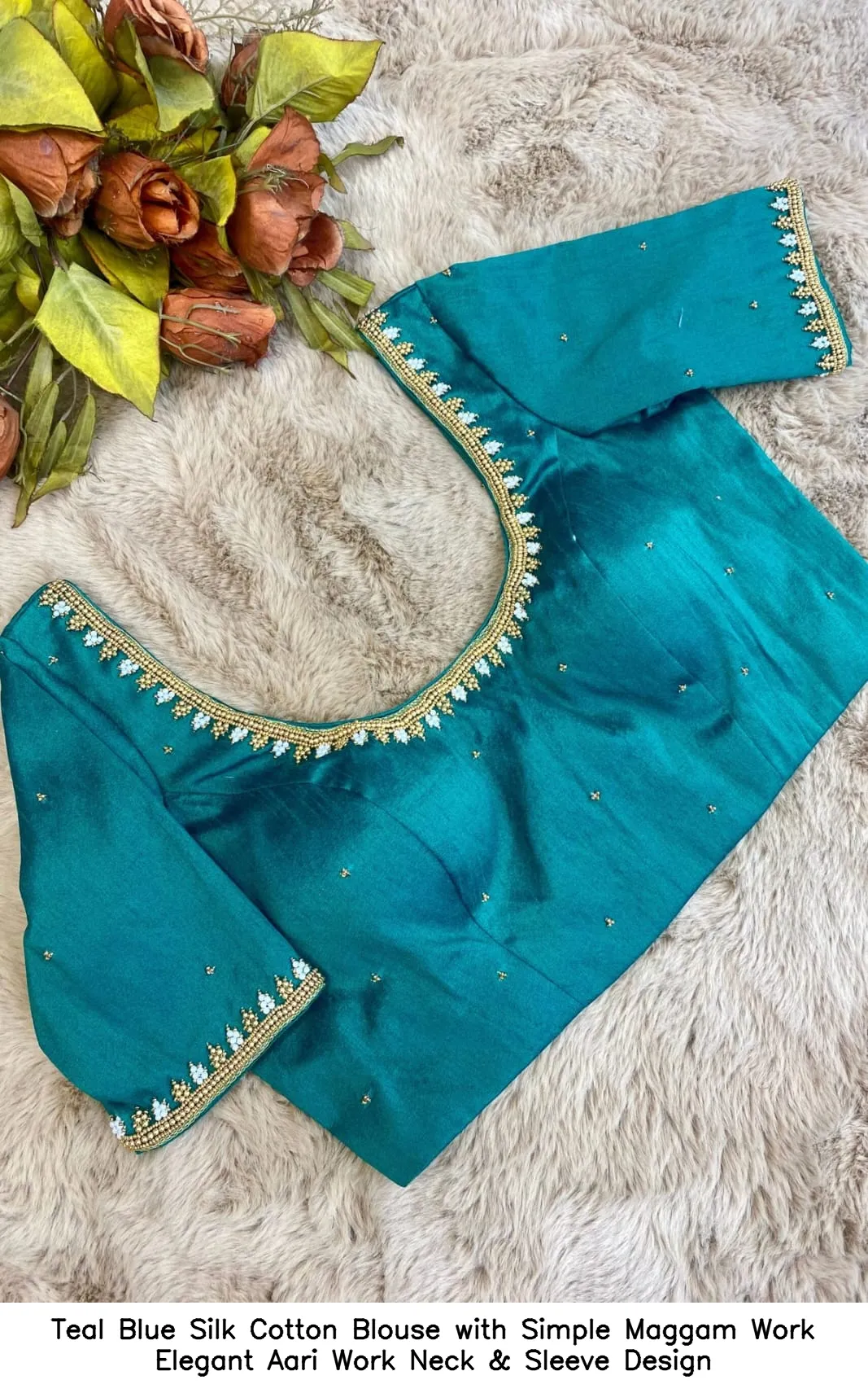 Teal Blue Silk Cotton Blouse with Simple Maggam Work – Elegant Aari Work Neck & Sleeve Design