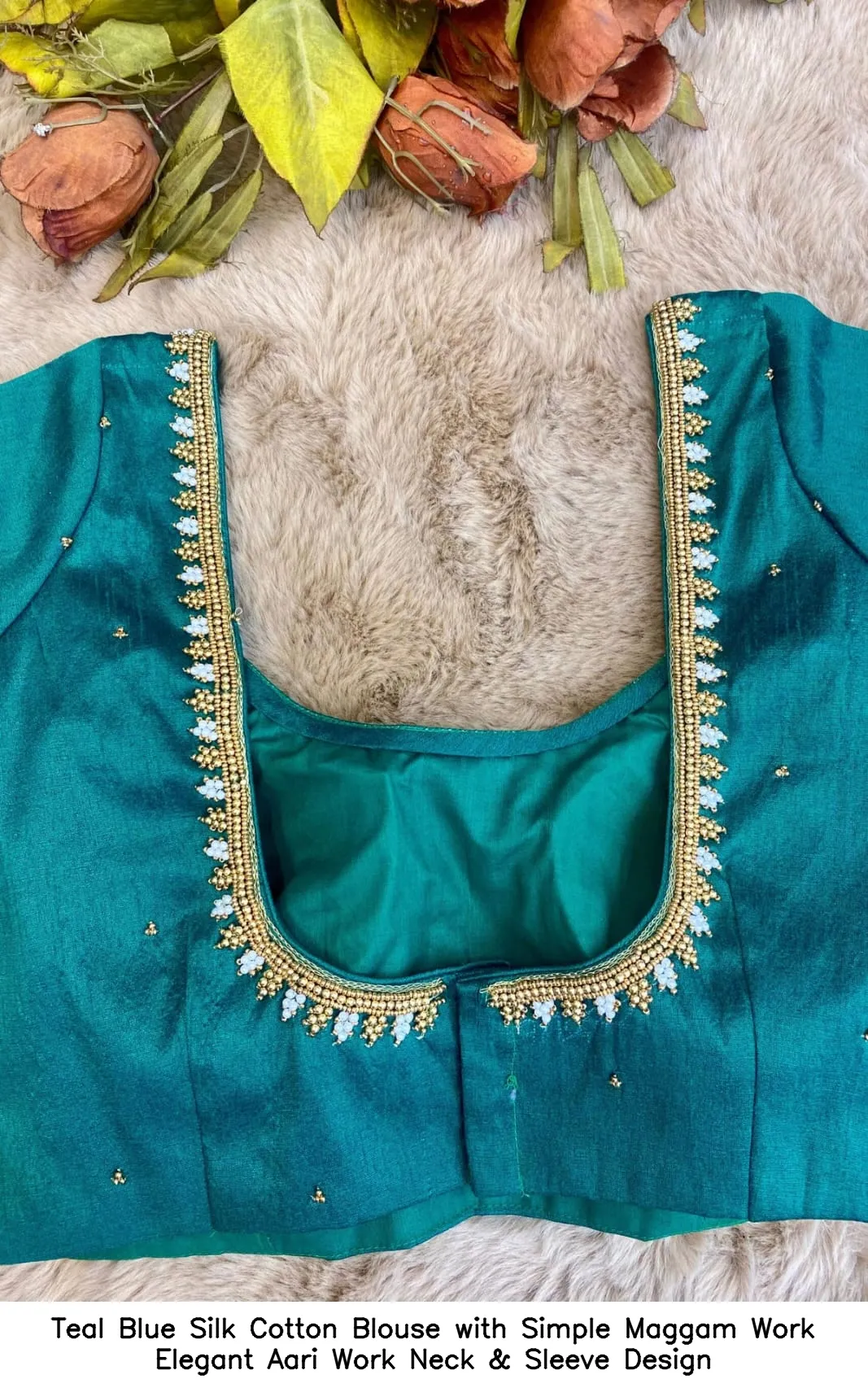 Teal Blue Silk Cotton Blouse with Simple Maggam Work – Elegant Aari Work Neck & Sleeve Design - Image 2