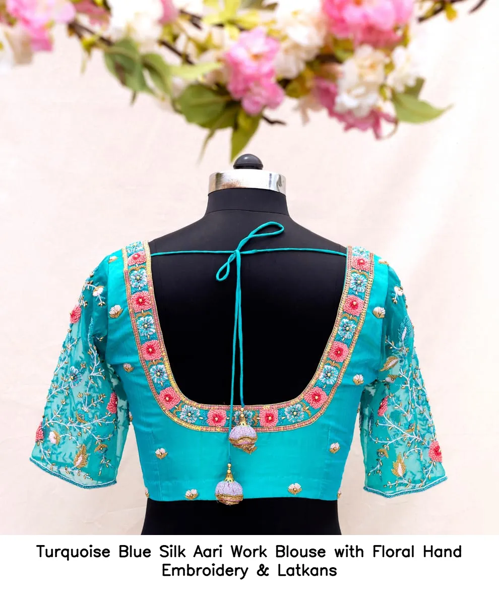 Turquoise Blue Silk Aari Work Blouse with Floral Hand Embroidery & Latkans
