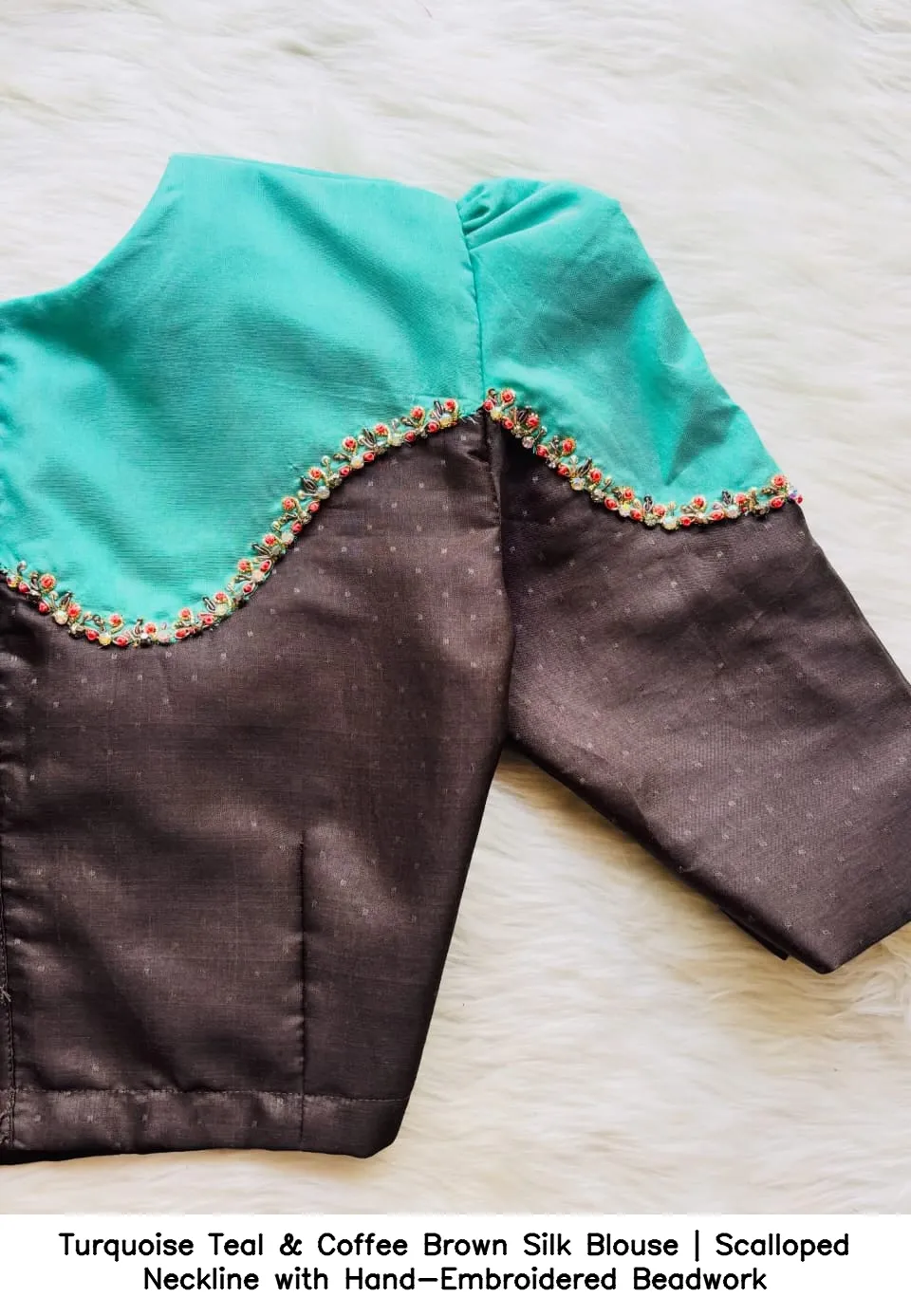 Turquoise Teal & Coffee Brown Silk Blouse | Scalloped Neckline with Hand-Embroidered Beadwork