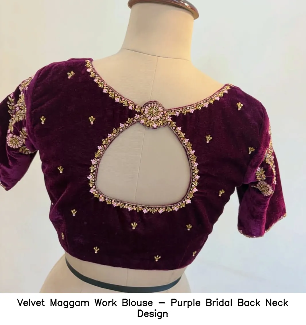 Velvet Maggam Work Blouse - Purple Bridal Back Neck Design