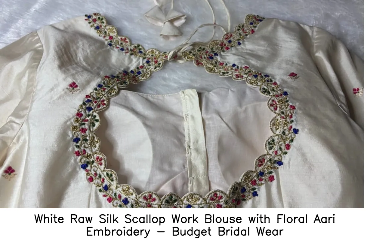 White Raw Silk Scallop Work Blouse with Floral Aari Embroidery - Budget Bridal Wear - Image 2